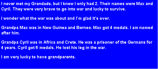 Text Box: I never met my Grandads, but I knew I only had 2. Their names were Max and Cyril. They were very brave to go into war and lucky to survive.I wonder what the war was about and Im glad its over.Grandpa Max was in New Guinea and Borneo. Max got 4 medals. I am named after him.Grandpa Cyril was in Africa and Crete. He was a prisoner of the Germans for   4 years. Cyril got 6 medals. He lost his leg in the war. I am very lucky to have grandparents.